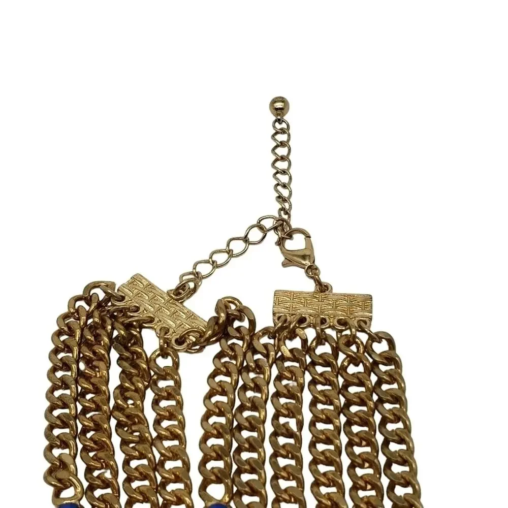 Multilayered Gold Toned Chain with Blue Accent Pieces Necklace Costume